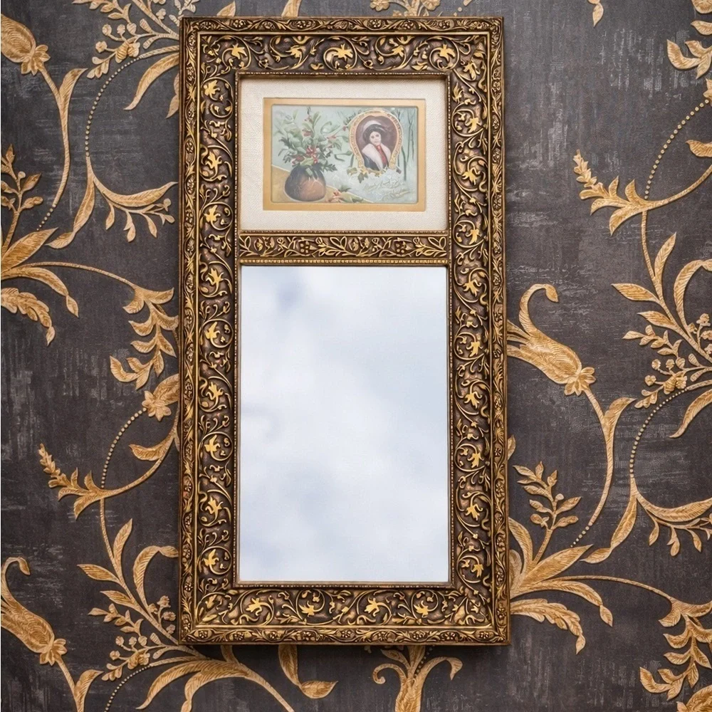 Vintage Estate Gold Framed Wall Mirror with Holiday Advertisement